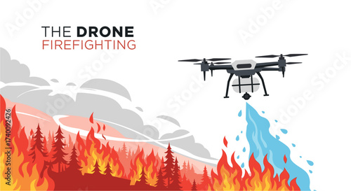 Drone Firefighting Technology: Aerial Drone Extinguishing Forest Fire with Water, Illustration, Innovation in Firefighting, Forest Fire Protection, Emergency Response, Safety, Vector Graphics