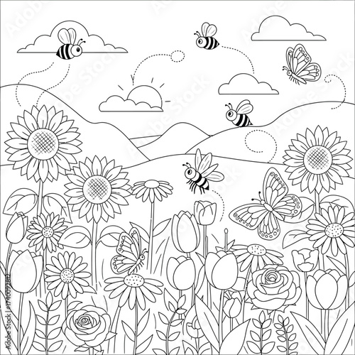 Delightful black and white cartoon illustration of a vibrant spring or summer meadow filled with sunflowers, tulips, roses, and daisies, bustling with busy bees and fluttering butterflies under a sunn