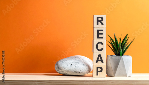 Word blocks spelling recap with plant and stones