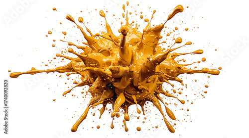 A splash of thick, liquid gold paint exploding outwards in a dynamic burst against a pure white background.
