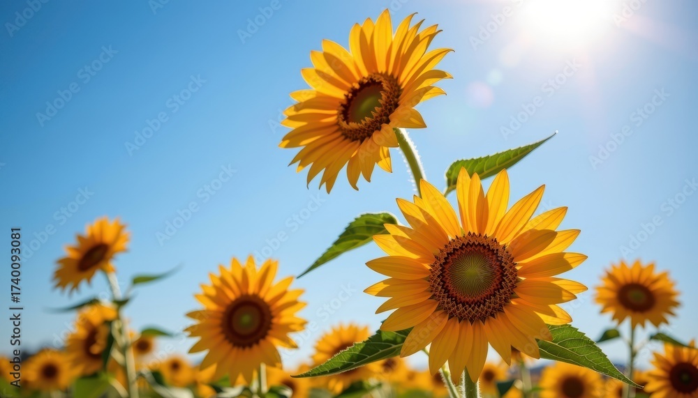 Fototapeta premium Vibrant sunflower blossoms bathed in golden sunlight against a clear azure sky, sky, flower