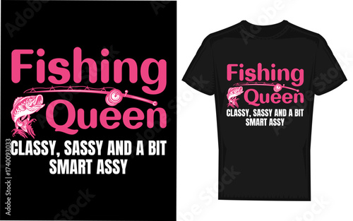 Funny fishing queen enjoying a day out on the water depicted in a bold black silhouette style perfect for fishing enthusiasts and queens of the catch