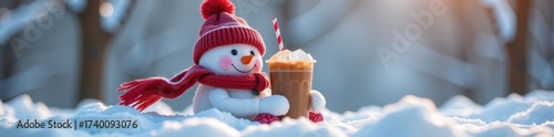 A friendly snowman snuggles a frosty iced coffee on a snowy day, winter, cute