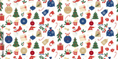 Christmas Seamless pattern. New Year Ornament with Holiday Symbol. Template background