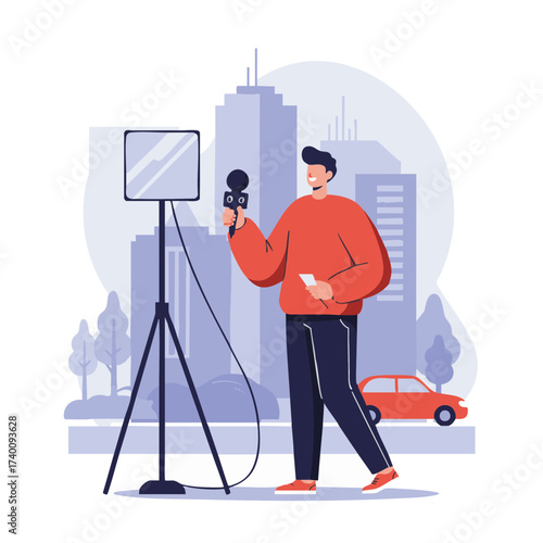 Journalist Reporting from City Streets with Microphone Vector Isolate