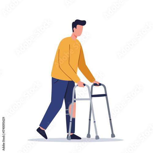 Man with Walker Learning to Walk Again Rehabilitation Vector Isolate