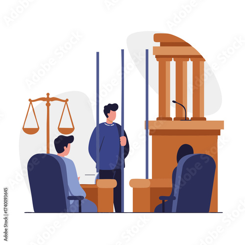 Defendant Behind Bars in Courtroom Trial Vector Isolate