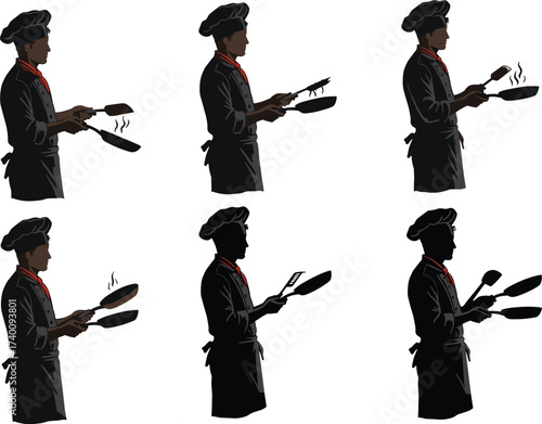 Chef, silhouette, cooking, frying pan, kitchen, food, culinary, apron, hat, utensils, motion, steam, flipping, stirring, tossing, restaurant, professional, cook, illustration, action