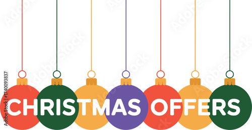 Vector art of colorful christmas offers hanging baubles, perfect for festive promotions and seasonal sales