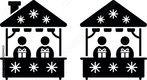 Vector art of christmas market stalls with people selling gifts for the holidays