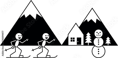 Vector art of stick figure skiers enjoying a winter day with snowman and cabin