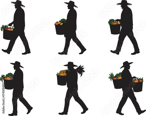 Farmer, walking, silhouette, vegetable, basket, agriculture, harvest, organic, produce, rural, lifestyle, food, farming, motion, fresh, vegetables, sustainability, crop, collection, eco-friendly, hat
