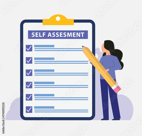 Self assessment, analysis career development to evaluate yourself, analyze important facet to build identity, work improvement. Businesswoman giving check on personal review checkbox