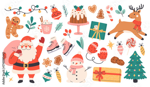 Cute Christmas festive elements set. Santa, snowman, gifts, festive pastry, candies, garland, reindeer, gingerbreads, skates. Cute winter holiday stickers. Flat vector illustration on white background