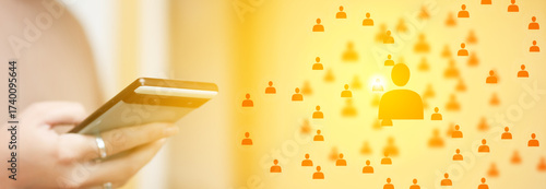 Abstract HR concept centered on a phone, illustrating digital recruitment and global workforce management. HR management recruitment concept orange many people