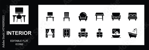 	
Home interior flat icon set. Furniture and house decoration icons symbol. Editable flat, Vector illustration	