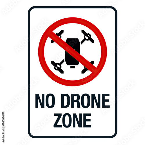Sign indicating a prohibited area for drone operation isolated on white background.