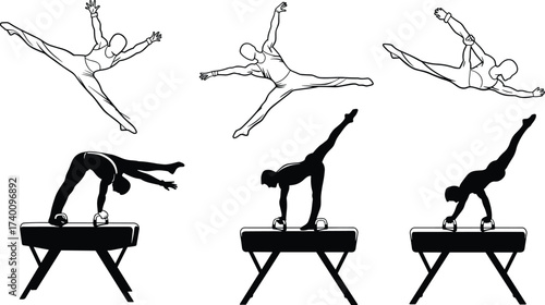 Male gymnast silhouette, pommel horse routine, aerial leap motion, strength pose, flexibility display, athletic choreography, black figure, dynamic movement, balance skill
