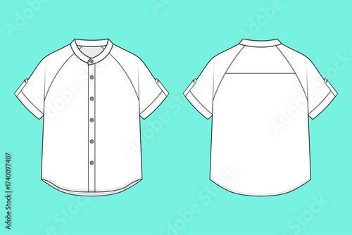 Classic Raglan Sleeve Woven Shirt with Roll-Up Cuff and Band Collar Flat