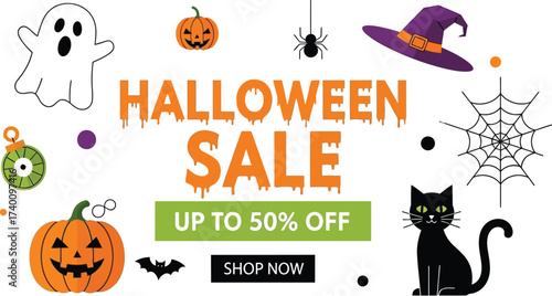 Spooky Halloween sale announcement with pumpkins, ghosts, and discounts
