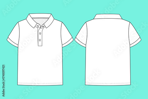 Boys Classic Knit Polo Shirt with Button-Down Collar and Ribbed Cuff Technical Flat Sketch CAD.