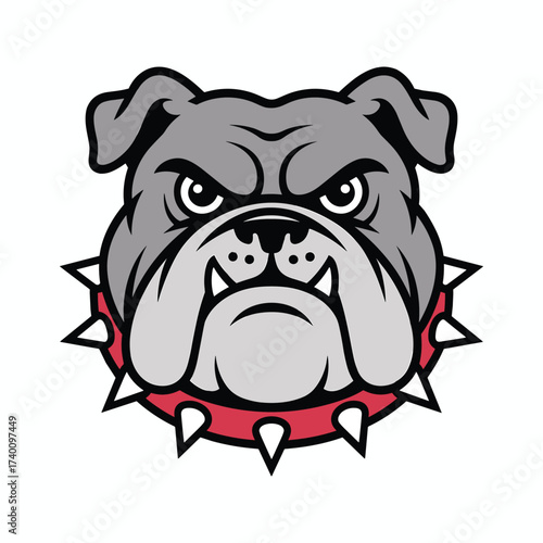 Fierce Bulldog Head with Spiked Collar Cartoon Mascot Logo Keywords: bulldog, dog, animal, head