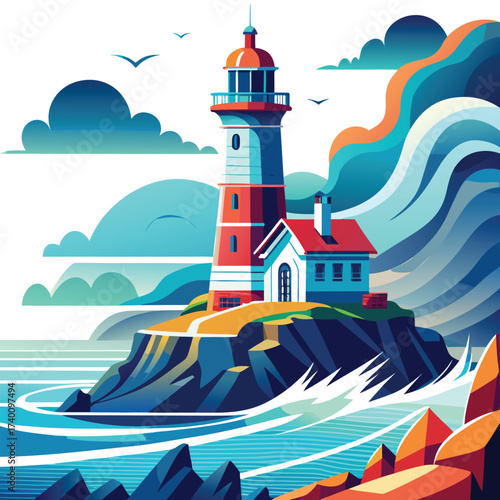 Stylized lighthouse on a rocky coast with crashing waves