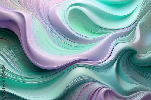Smooth Pastel Liquid Marble Texture with Volumetric Waves in Purple and Mint Green