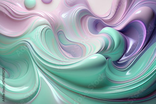 Smooth Pastel Liquid Marble Texture with Volumetric Waves in Purple and Mint Green