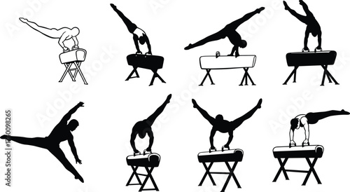 Pommel horse silhouette, gymnast motion, athletic pose, strength balance, body rotation, handstand skill, split leg movement, dynamic routine, black figure