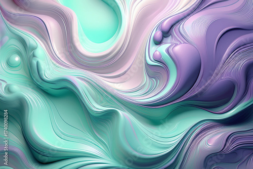 Smooth Pastel Liquid Marble Texture with Volumetric Waves in Purple and Mint Green