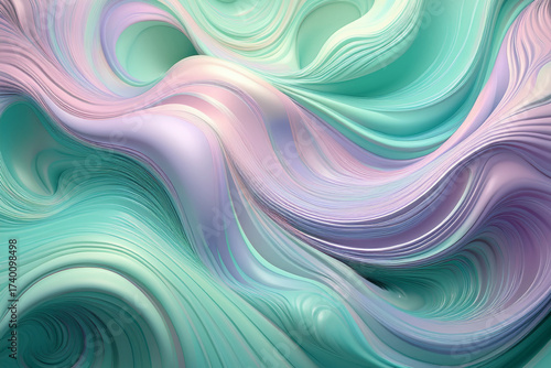 Smooth Pastel Liquid Marble Texture with Volumetric Waves in Purple and Mint Green