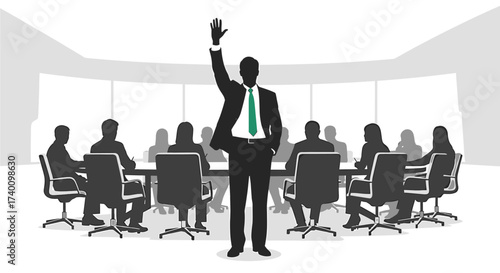 Silhouette of a decisive business leader standing to vote or volunteer during a corporate boardroom meeting with the team, leadership, meeting, business, teamwork, decision, organization, partnership,