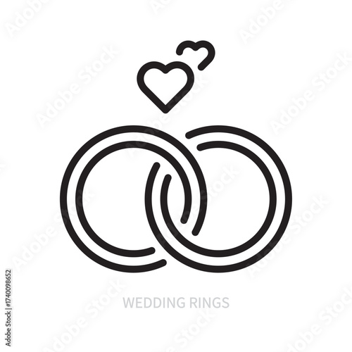 Wedding rings line icon. Holiday, newlyweds concept. Heart shape symbol. Isolated on a white background. Flat design. Editable stroke. Vector illustration.