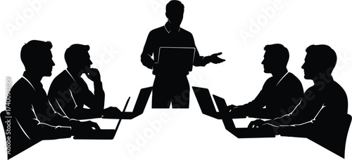 Business meeting silhouette with presenter and laptops, business, meeting, silhouette, presenter, man, laptop, computer, table, chairs, discussion, presentation, team, collaboration, corporate, office
