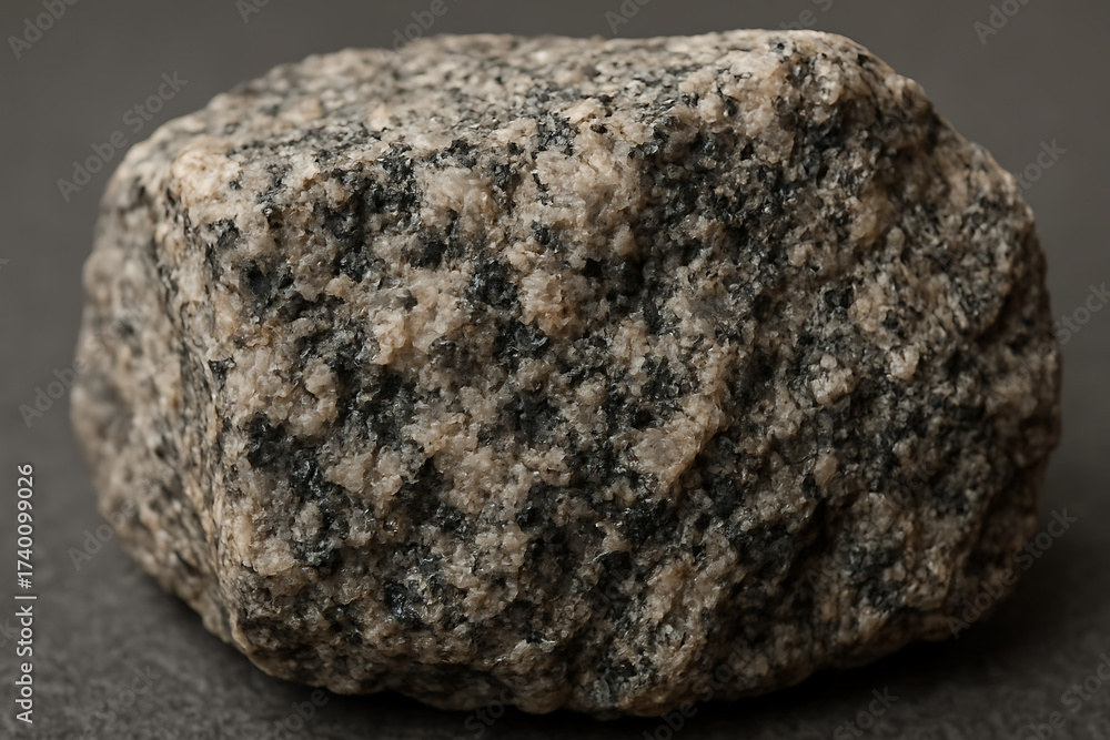 Obraz premium Granite Rock Specimen: Close-up of a rough, granular granite rock showcasing its intricate pattern and textures, a testament to the earth's enduring geological processes.