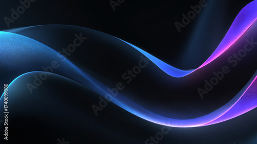 Black dark abstract background with flowing iridescent blue and purple neon liquid waves symbolizing energy motion and futurism representing a luminous holographic gradient with smooth dynamic glow