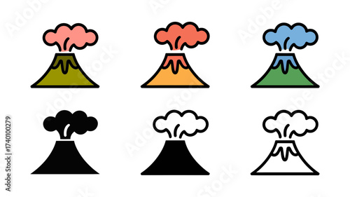 Vector art of collection of six volcano icons depicting eruptions with smoke in different colors