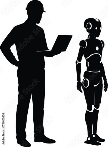 Human worker holding laptop next to robot on white, human, worker, robot, android, artificial intelligence, ai, technology, future, comparison, collaboration, partnership, silhouette, black, white, st