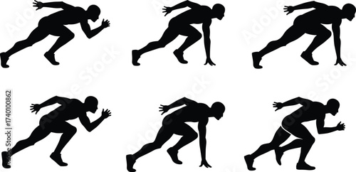 Sprinter silhouette, race start motion, black figure, athletic posture, sprint launch, dynamic movement, sport action, starting block technique, speed burst