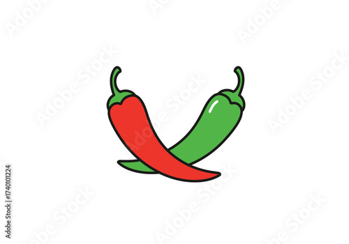 Two chili peppers crossed red and green illustration on white background.