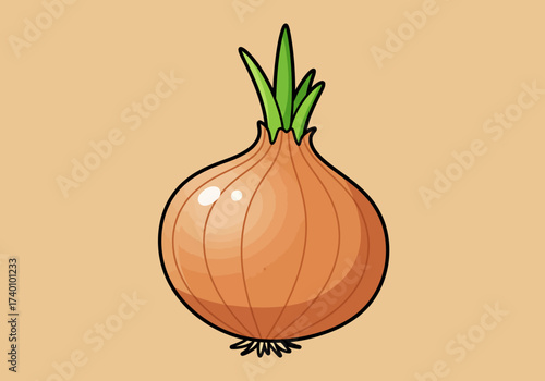 Cartoon illustration of a single whole yellow onion with green shoots.