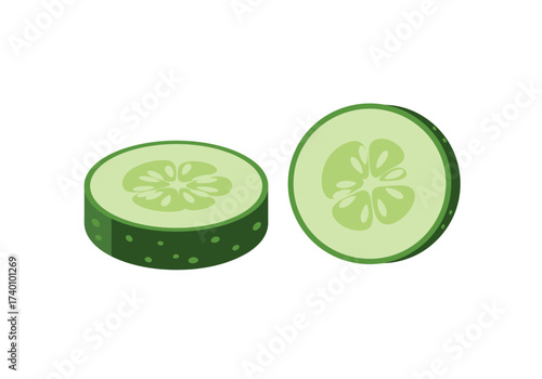 Freshly Sliced Green Cucumber Rounds Isolated on White Background.