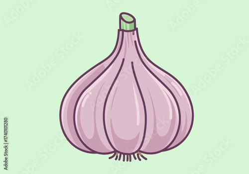 Fresh garlic bulb illustration with detailed purple skin and green stem.