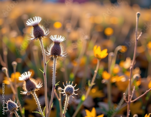 Dried thistle flowers stand tall in an autumn field, their silvery seed heads catching the late afternoon sun, seed heads, fall, rural