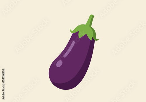 A single purple eggplant with a green stem and leaves isolated on a light background.