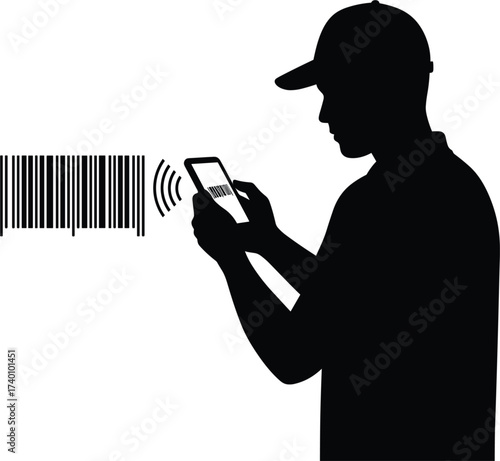 Man scanning barcode with smartphone silhouette vector, man, silhouette, scanning, barcode, smartphone, mobile, phone, technology, data, information, reading, digital, cap, hat, shirt, wireless, signa
