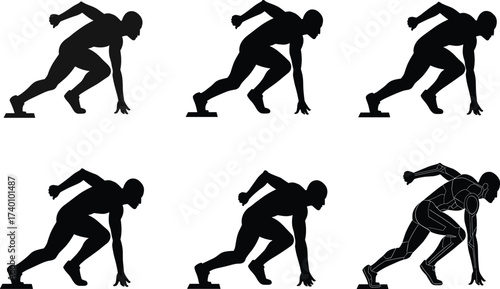 Sprinter silhouette, starting motion sequence, black figure, athletic posture, race launch, speed burst, sport action, biomechanics pose, sprint technique, dynamic movement