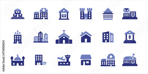 building icons set. house, office, bank, hospital, school, villa and more. simple colored vector