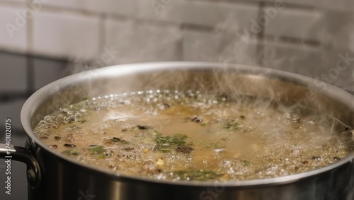 A stainless steel pot of boiling lentil soup with herbs and spices simmering on a stove.